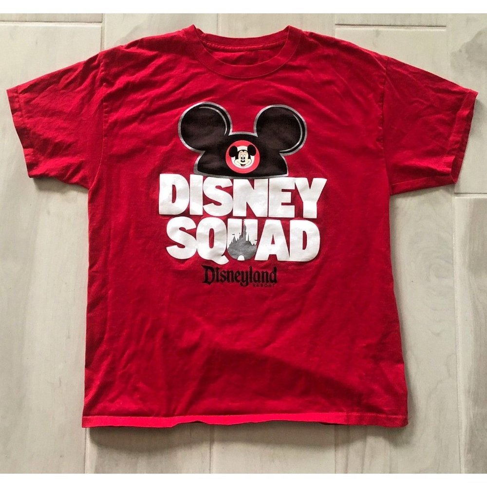 DISNEYLAND RESORT DISNEY SQUAD MENS LARGE MICKEY EARS RED SHIRT PRINT LOGO